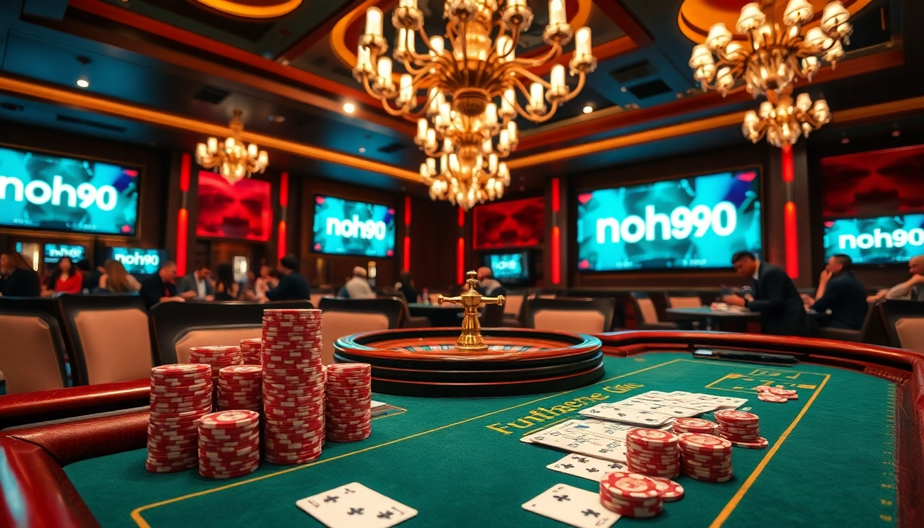 Engage with the exciting action at the nohu90 poker table in a luxurious casino setting.
