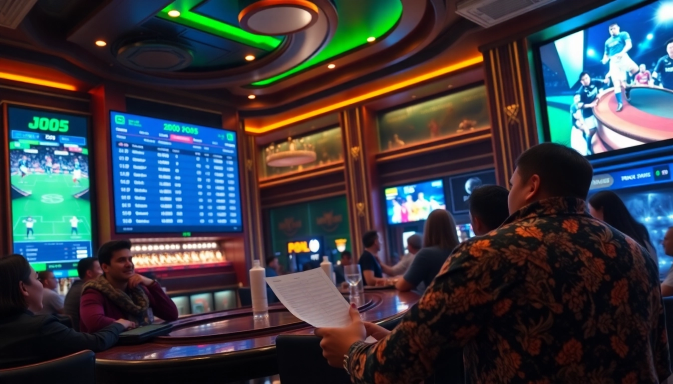 Exciting scene of kèo bóng đá betting with live odds and passionate bettors in a luxurious sports bar.