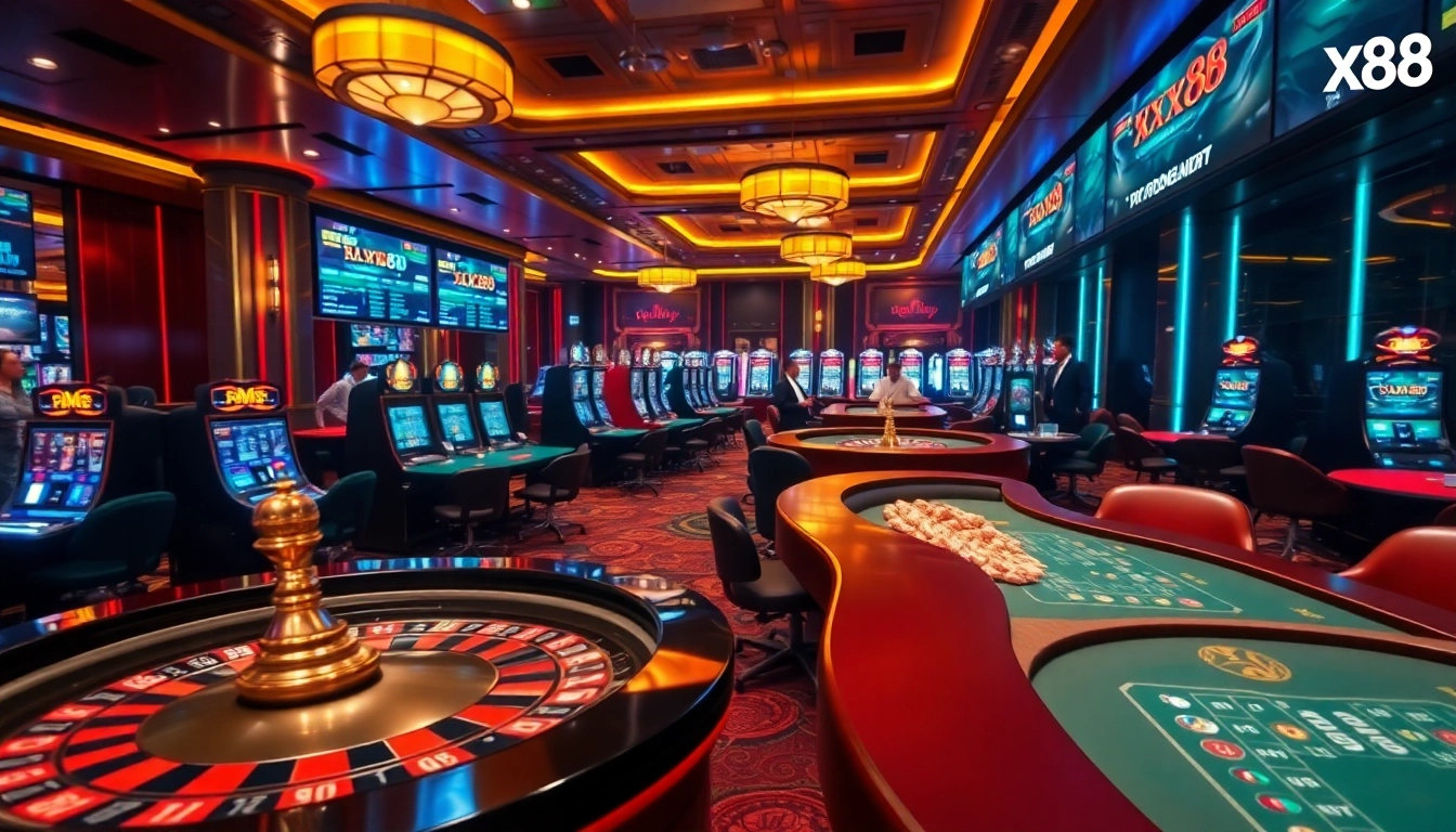 Players celebrating wins at XX88's state-of-the-art casino tables, showcasing excitement and professionalism.