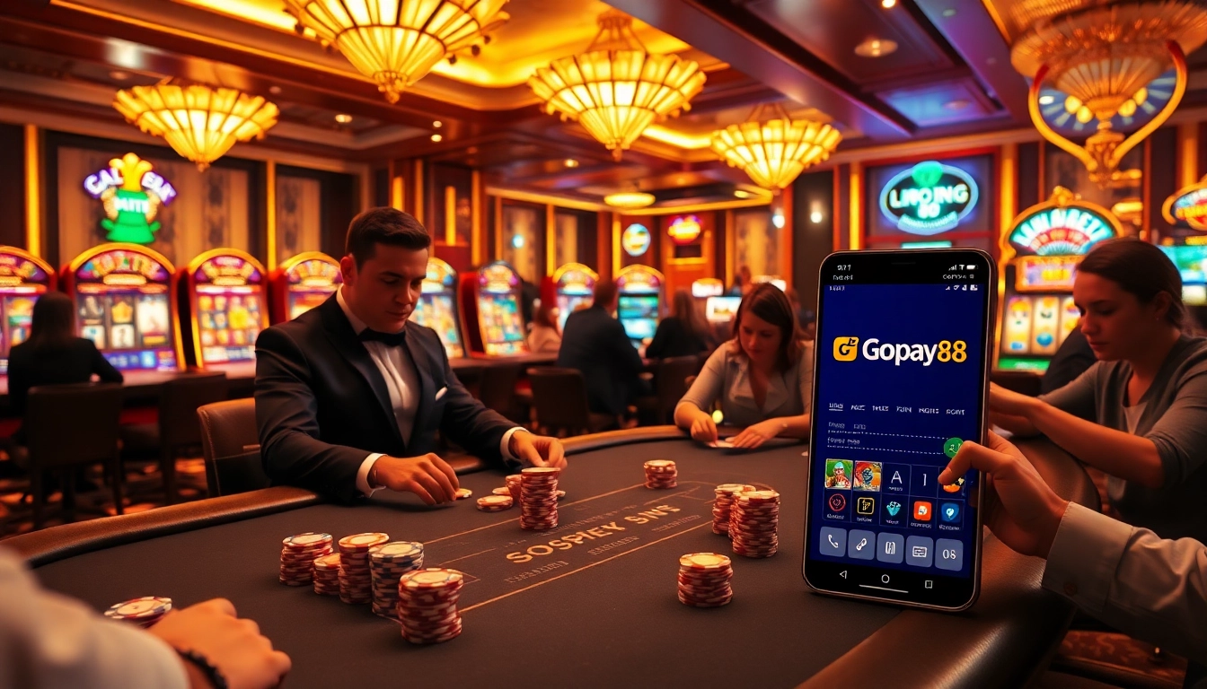 Engage with Gopay88 at a vibrant casino, featuring blackjack and slot machines for thrilling gameplay.