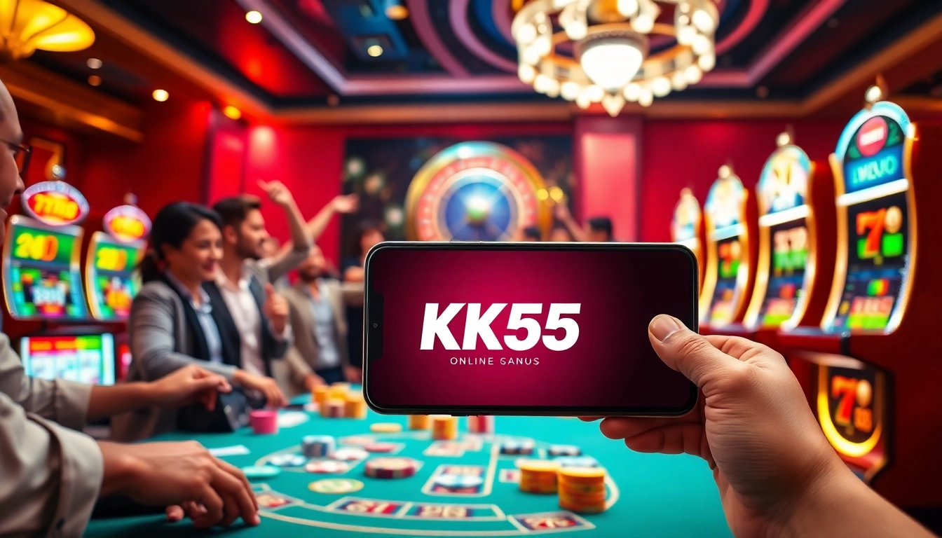 A vibrant scene of competitive gambling at Trang Chủ KK55 showcasing poker tables and slot machines, enhancing the online casino atmosphere.