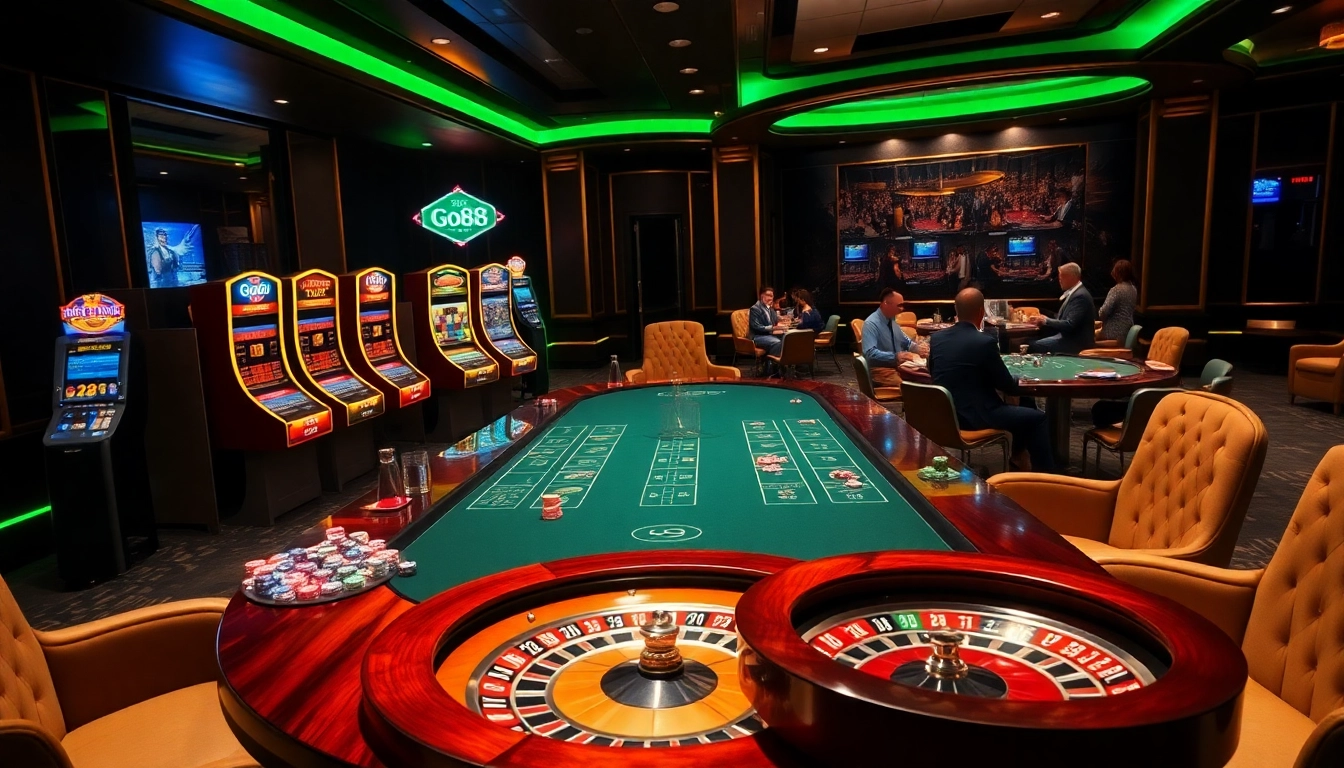 Experience the excitement of go88 at a luxurious casino table with vibrant slot machines and poker chips.