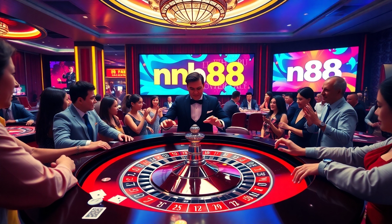 Experience the thrill of nh88 with vibrant casino visuals showcasing roulette and poker.