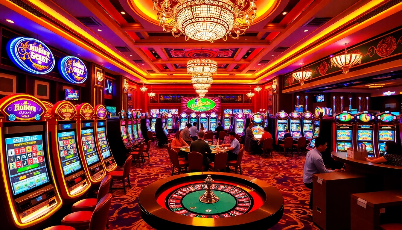 Gamblers enjoying the thrill at situs apiraja88 with vibrant casino elements and exciting slot machines.