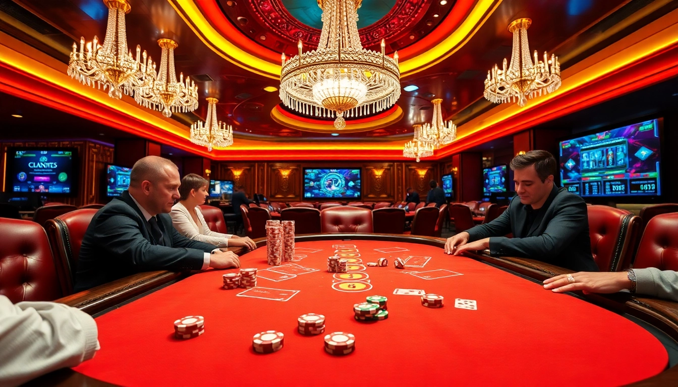 A thrilling poker game at b52club .us with vibrant chips and cards on a luxurious table.