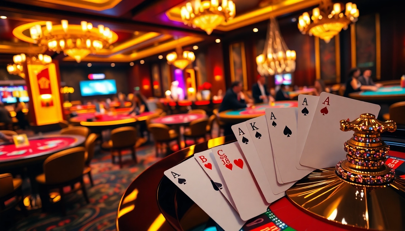 BJ38 interactive gaming scene showcasing excitement at a high-end casino table filled with poker chips and vibrant cards.