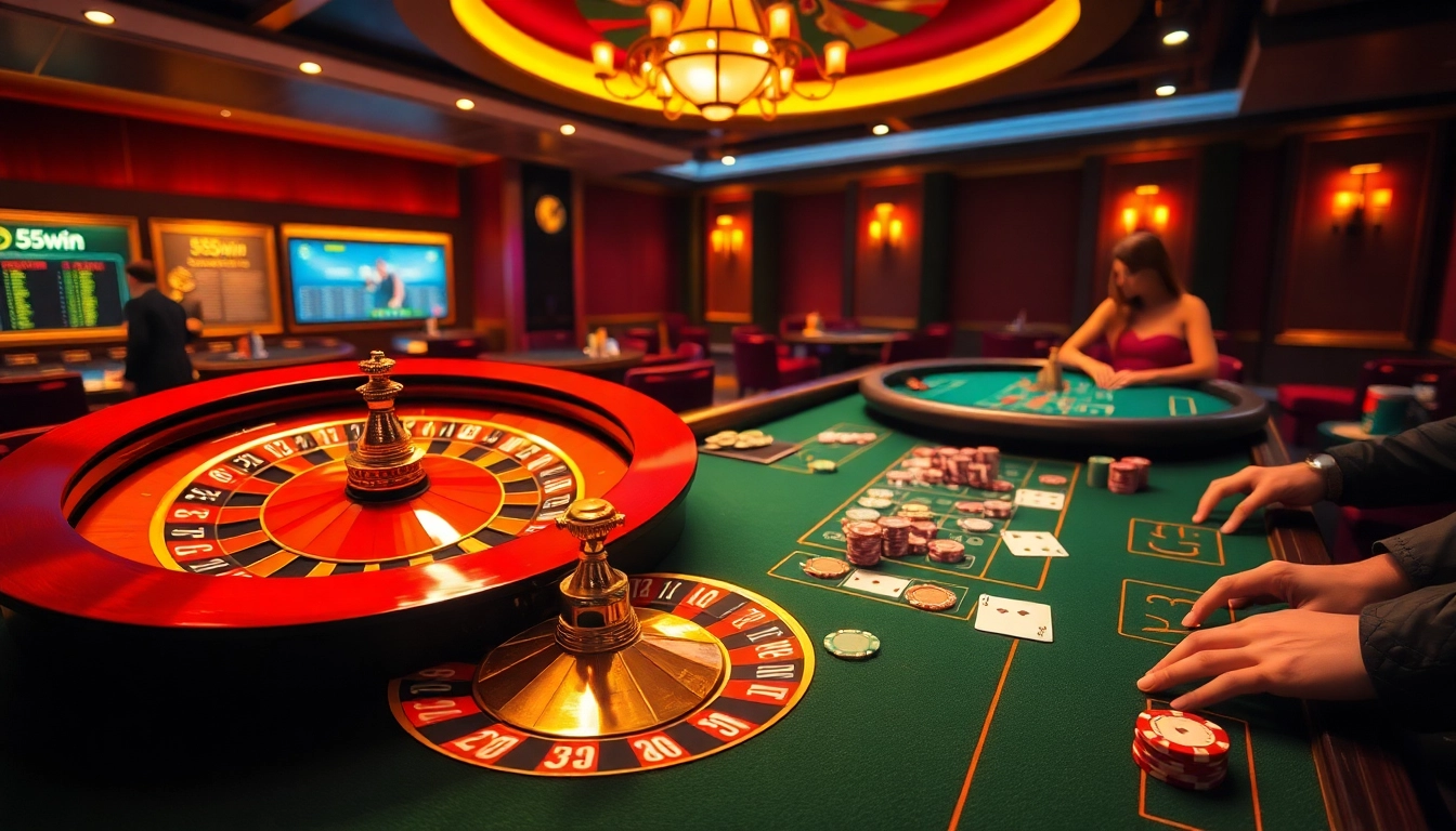 Experience excitement at 555win with vibrant casino tables and roulette wheels for thrilling gameplay.