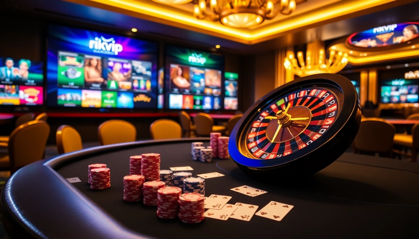 Experience high-stakes gaming at rikvip with vibrant casino tables and dynamic roulette wheels.