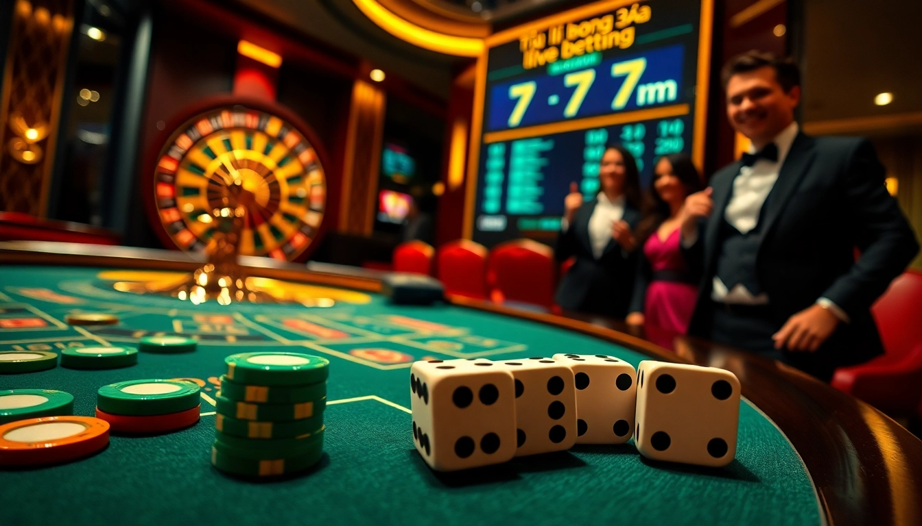 Tỷ lệ bóng đá 7m displayed on a digital scoreboard in a luxurious casino environment with poker chips and a roulette wheel.