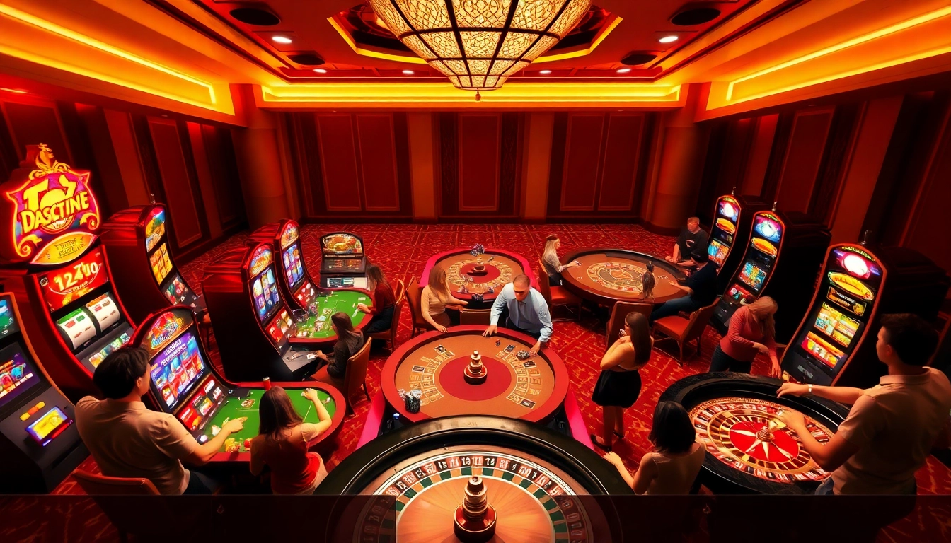 BOMWIN gaming experience with dynamic slot machines and engaged players at a luxurious casino table.