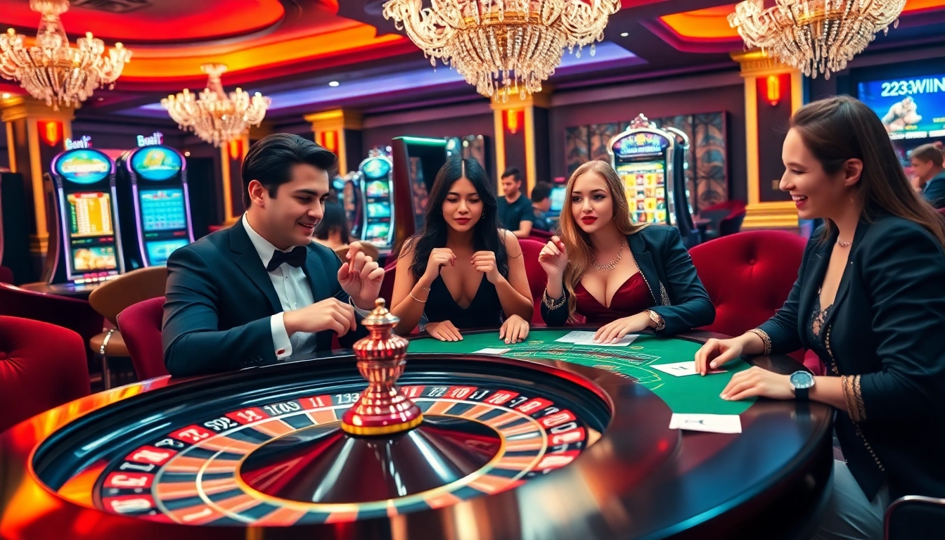 Experience thrilling gaming action at https://23wini.online with vibrant casino ambiance featuring roulette and poker tables.