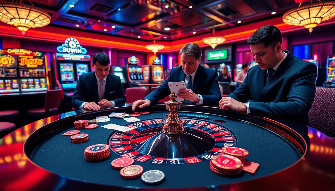 Engaging players winning big at the Sunwin casino with vibrant roulette and slot machines.