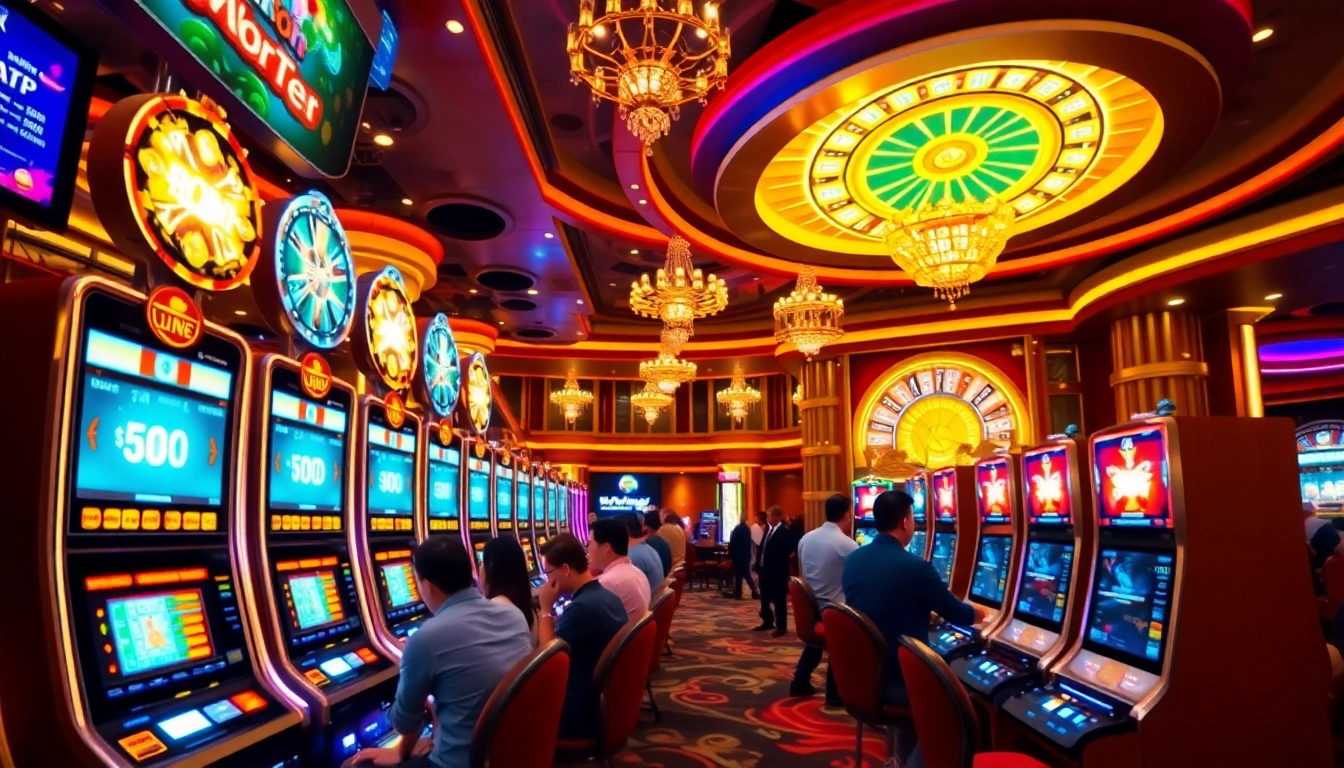 Situs apiraja88 showcases players winning at luxurious slot machines in a vibrant casino environment.