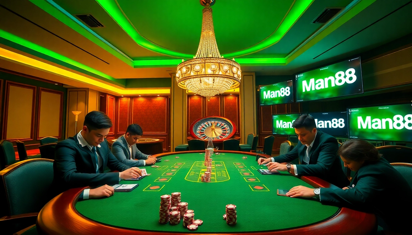 Players engaging in a high-stakes poker game at Man88 casino, showcasing excitement and luxury.