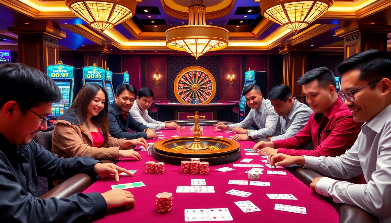Experience the excitement at Nhà cái GO99 with vibrant poker tables and diverse gamblers.