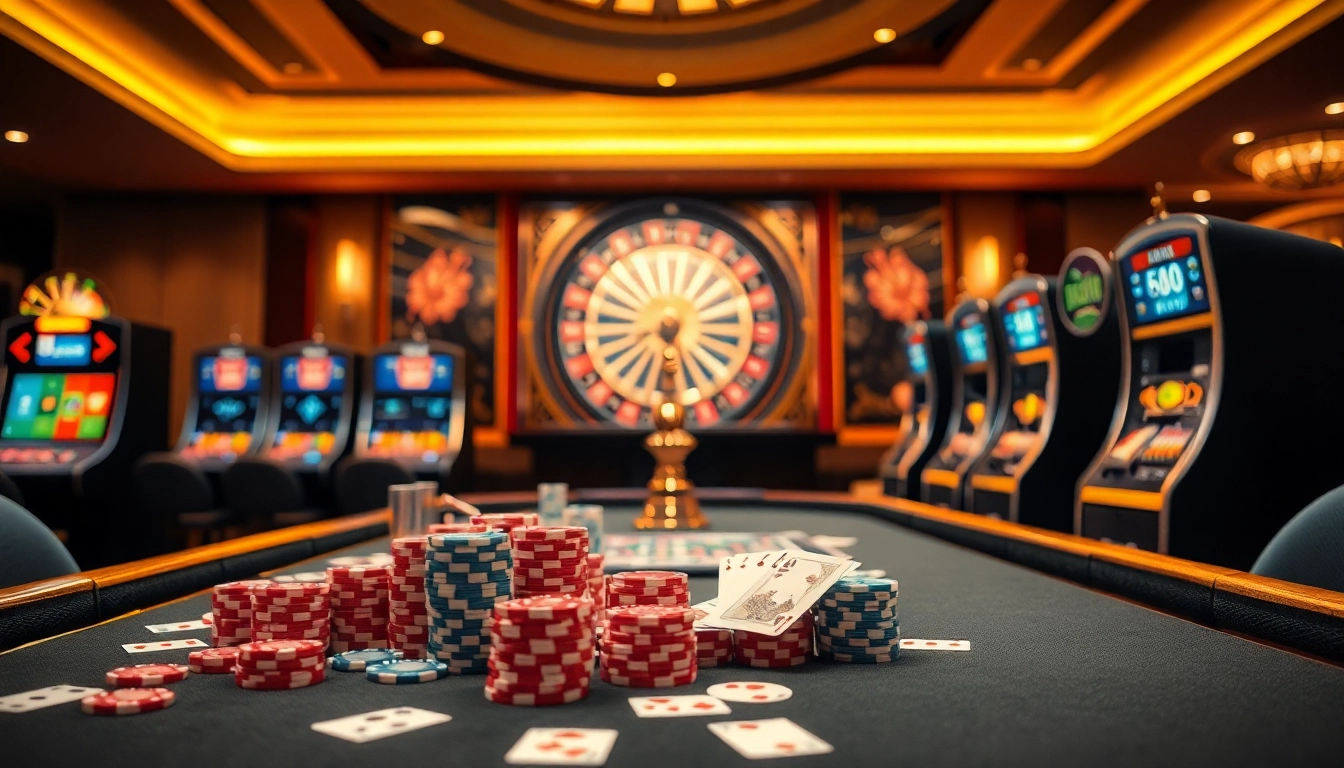 Experience the excitement of online gambling with the ee88 link đăng nhập featured in a vibrant casino scene.