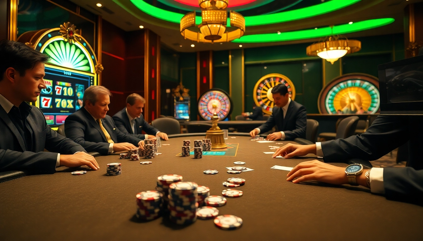 Engaged players at a 79king poker table, showcasing vibrant chips and cards in an upscale casino.