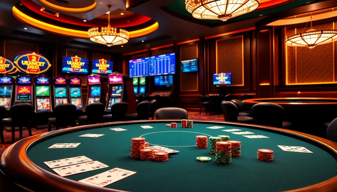 Experience thrilling gaming at Bomwin's luxurious poker table with vibrant action.