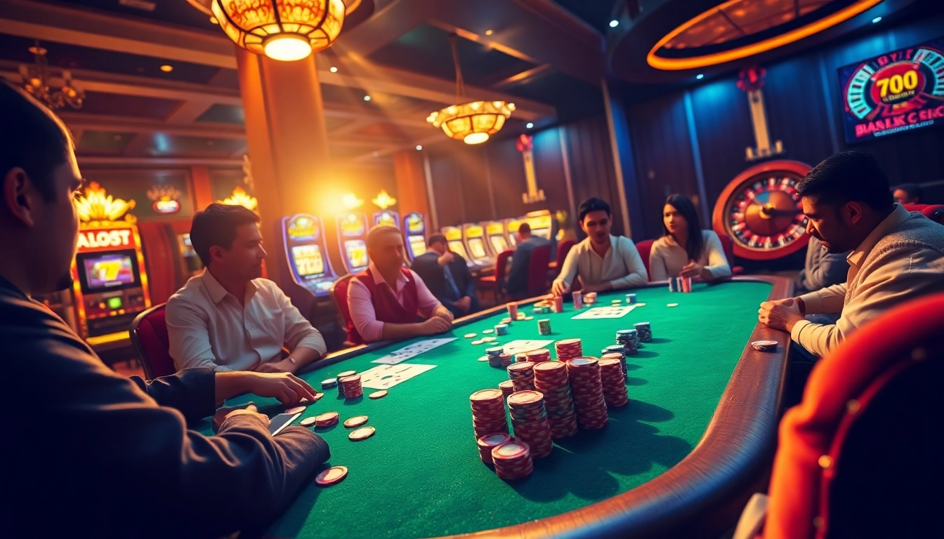 Engaged players at a poker table showcasing the thrill of gambling with https://rr88co.net/ branding.