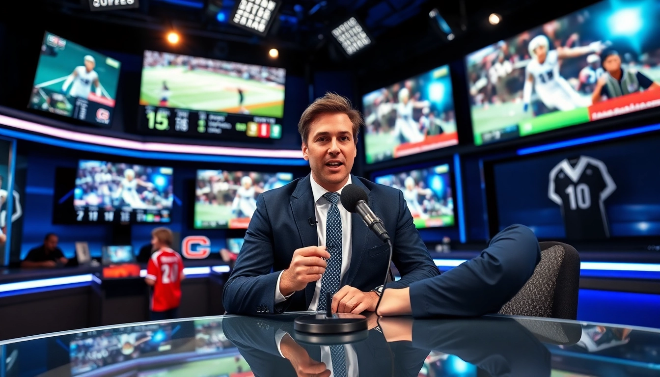 Dynamic sports broadcasting scene featuring a news anchor discussing Sports Broadcasting highlights.