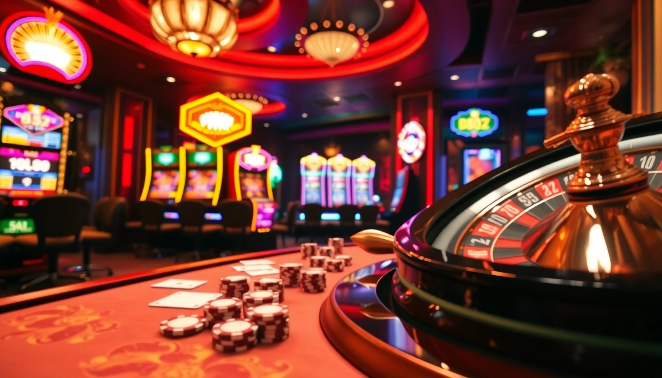 Gambling at the B52 club with lively tables and colorful slot machines.