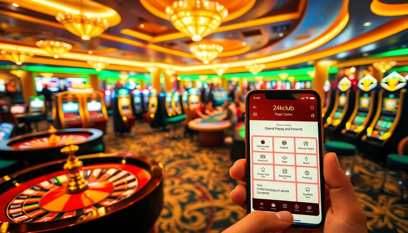 The app 24kclub showcased on a mobile device amidst a lively casino gaming scene.
