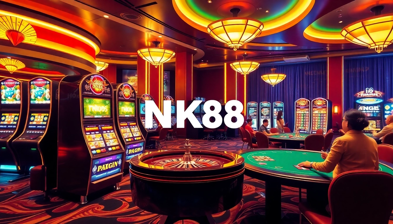 NK88 gamblers enjoying vibrant casino games with engaging slot machines and live tables.
