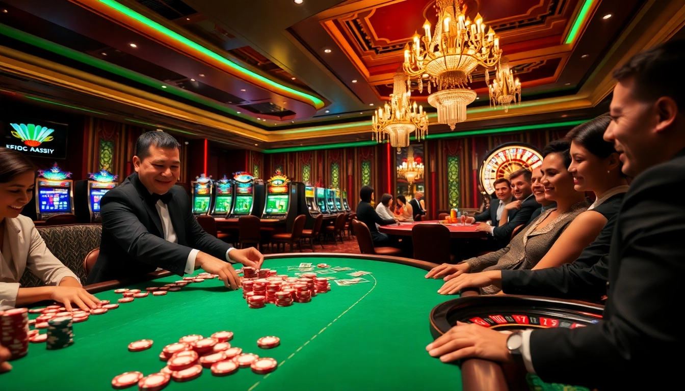 Engaged players enjoy the vibrant atmosphere of gambling at https://xocdia24h.com/ with poker chips and roulette.