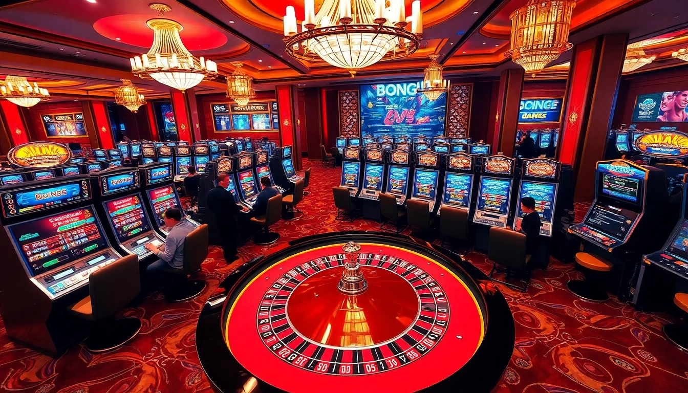 Engaging players at Bong88's luxurious casino table with vibrant slot machines.