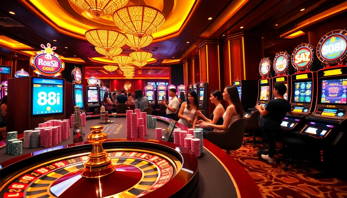 Experience the thrill of the 88i casino with vibrant roulette wheels and colorful poker chips.