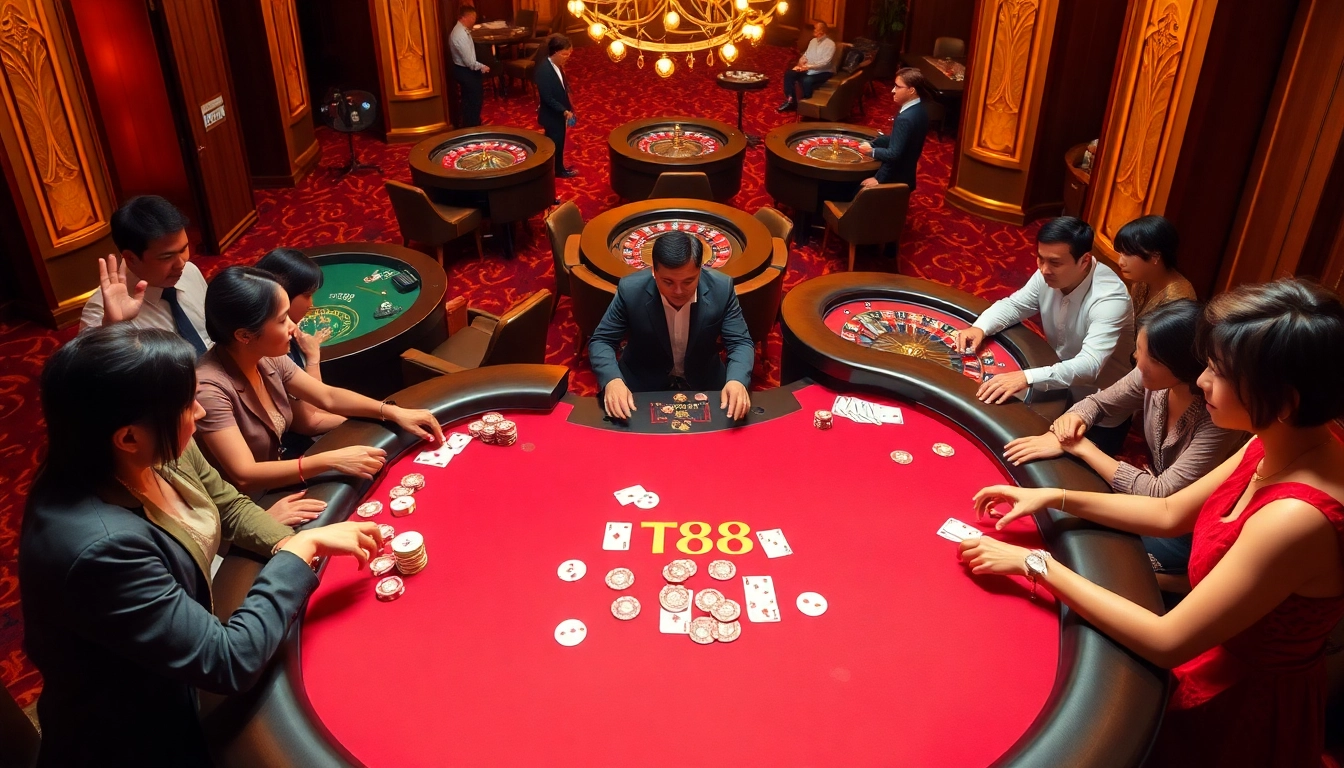 Players enjoying a thrilling game at the TT88 casino table with vibrant chips and roulette wheels.