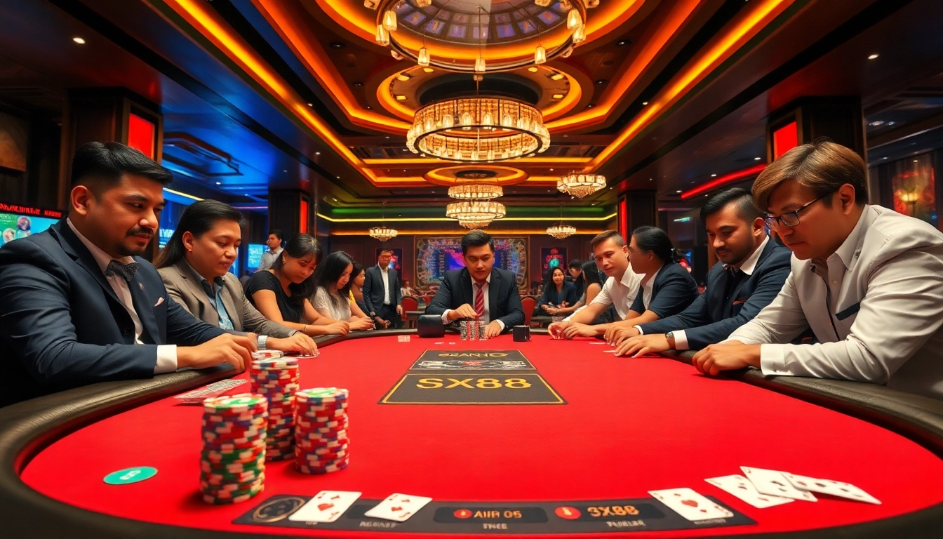 Engage in thrilling gameplay as you Đăng Ký SX88 at a luxurious casino poker table surrounded by eager players.