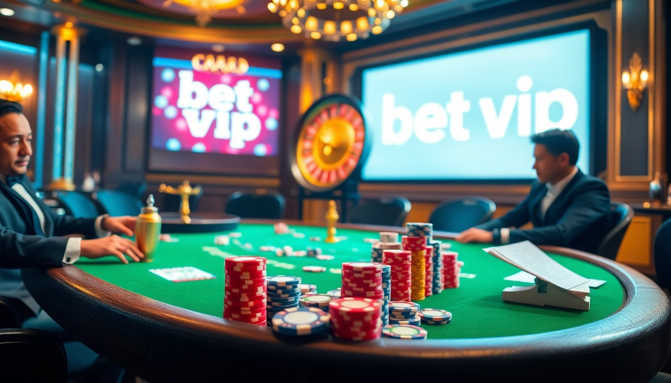 Người chơi Bet VIP đang tận hưởng poker và roulette cược cao trong một casino sang trọng