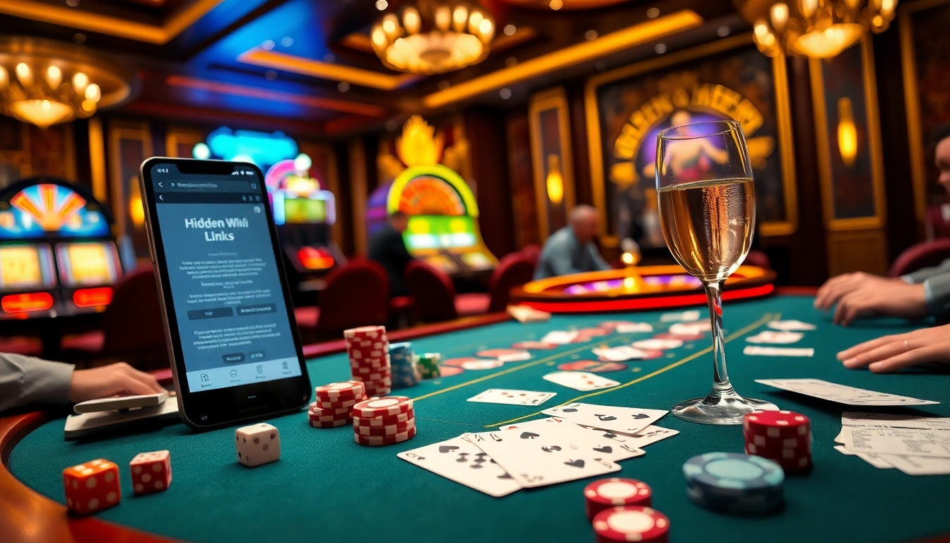 Engaging players at a poker table with hidden wiki links in an upscale casino scene.