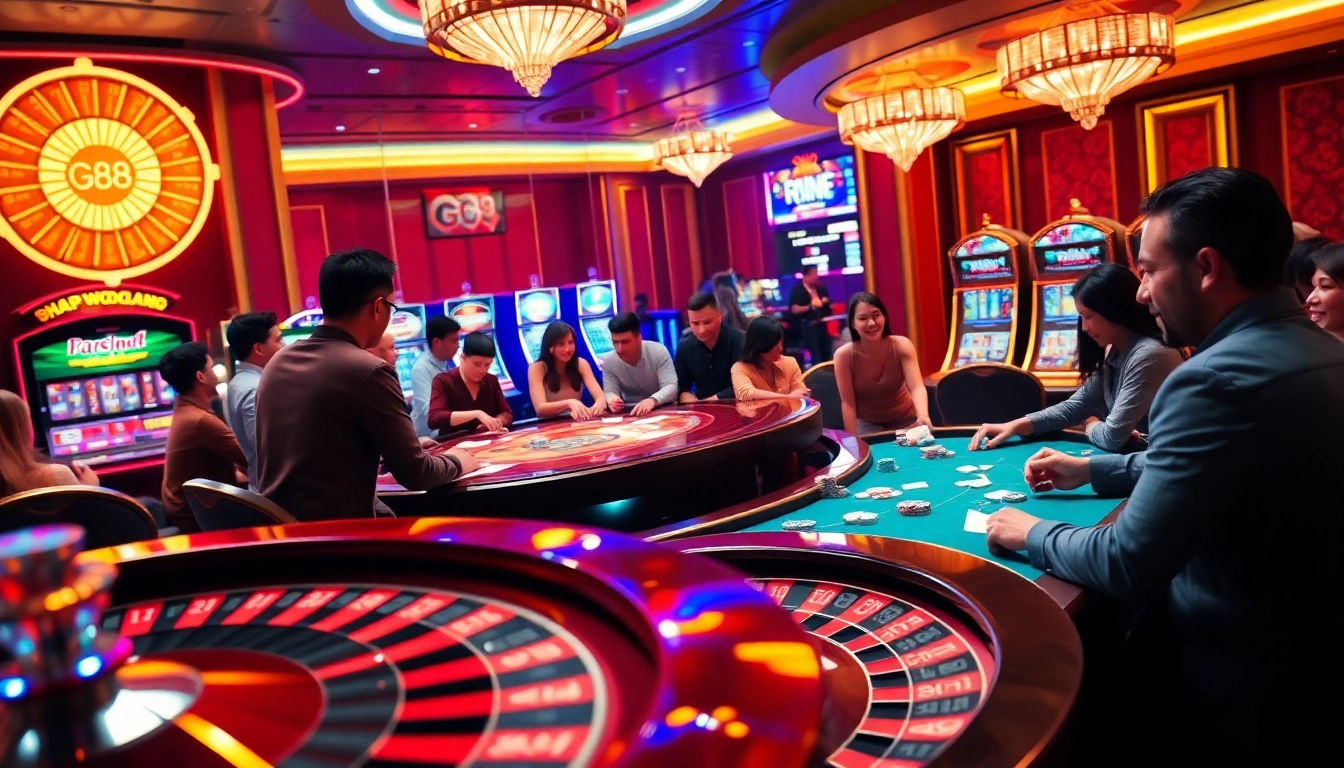 Excited players enjoying live casino games at GG88, featuring poker and vibrant slot machines.