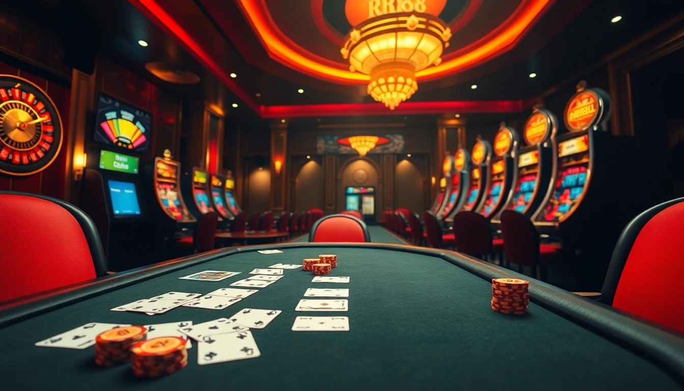 Gamble with style at RR88's luxurious casino tables, featuring poker chips and roulette wheels.