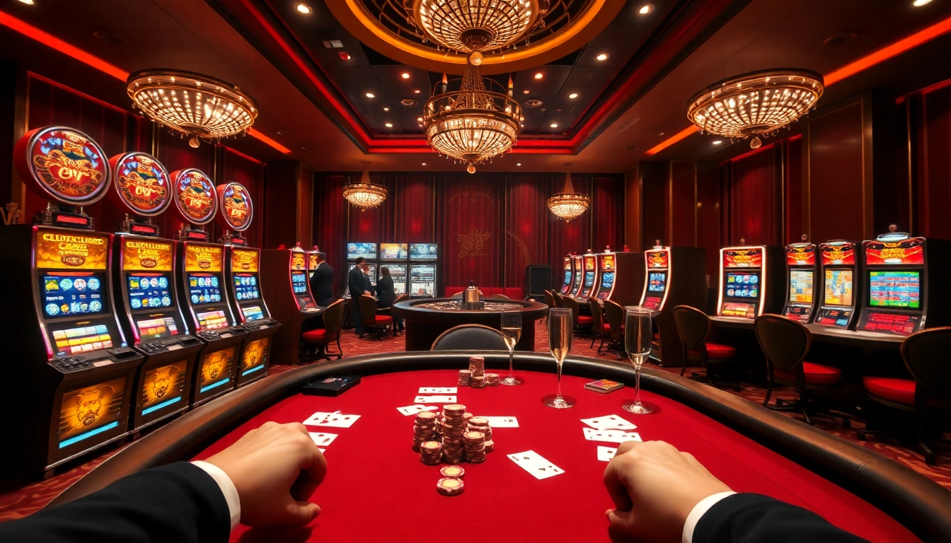 Engage with Clube VIP HHBET players in a luxurious casino setting featuring high-stakes poker tables and elegant slot machines.