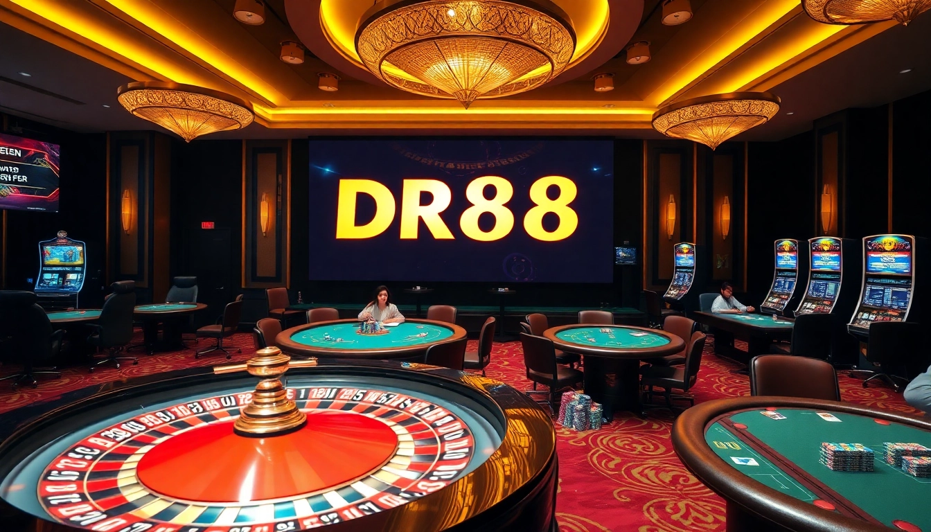Engage in thrilling casino action at DR88 with poker tables and a spinning roulette wheel.
