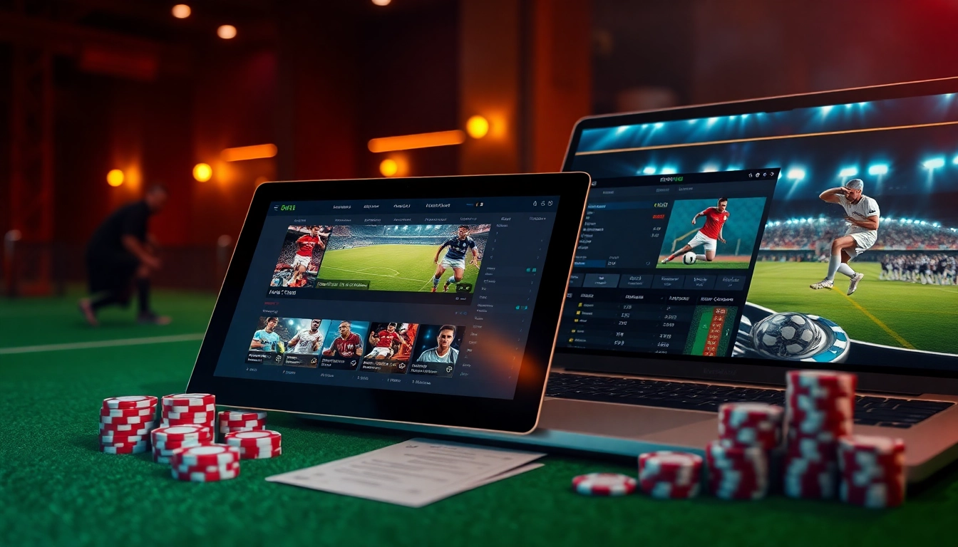 Engaging scene focused on สมัครแทงบอล with sleek betting interfaces and dynamic sports graphics for online gamblers.