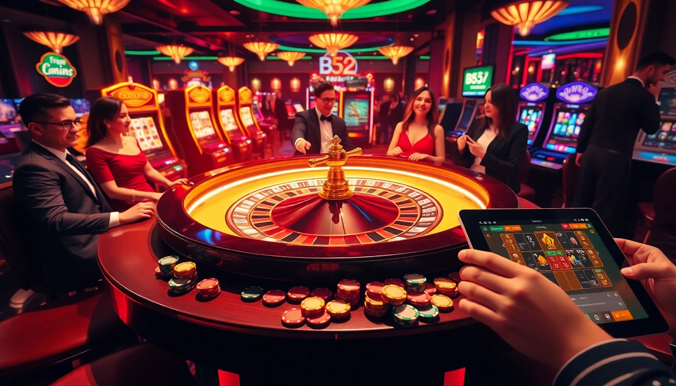B52club players enjoying a thrilling roulette game in a vibrant casino environment.