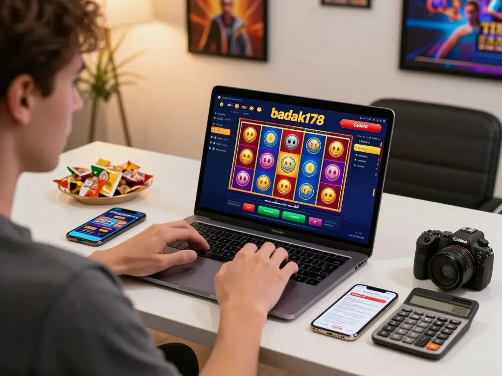 Engaged player exploring badak178 online slots while managing strategy notes and snacks in a cozy home setup.