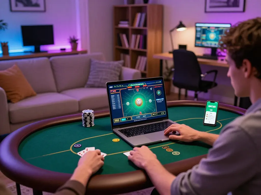Player engages in an online poker game using the OKFUN app from a cozy home setup, showcasing a comfortable gaming atmosphere.