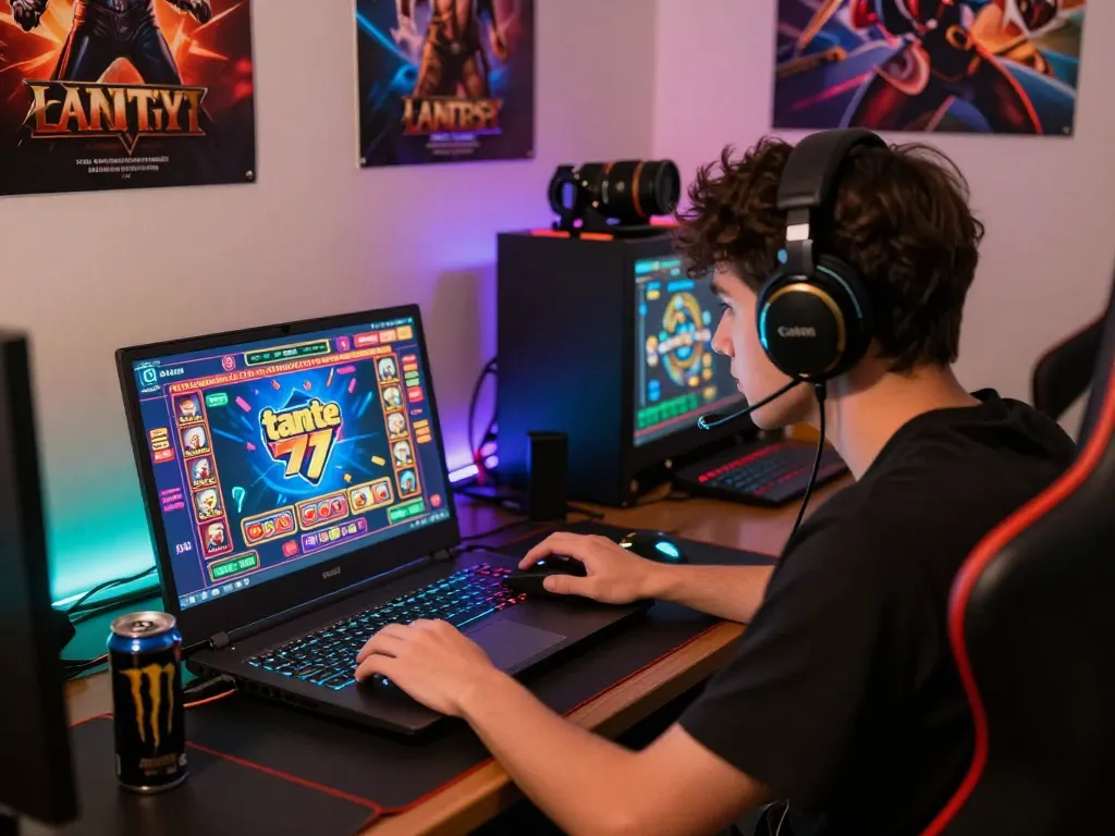 Tante77 online gaming scene featuring an intense player engaged in casino games, vibrant setup with colorful LED lights.
