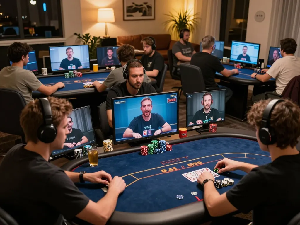 Players engaging in online poker gameplay at XX88 with dynamic digital interfaces and strategy-focused atmosphere