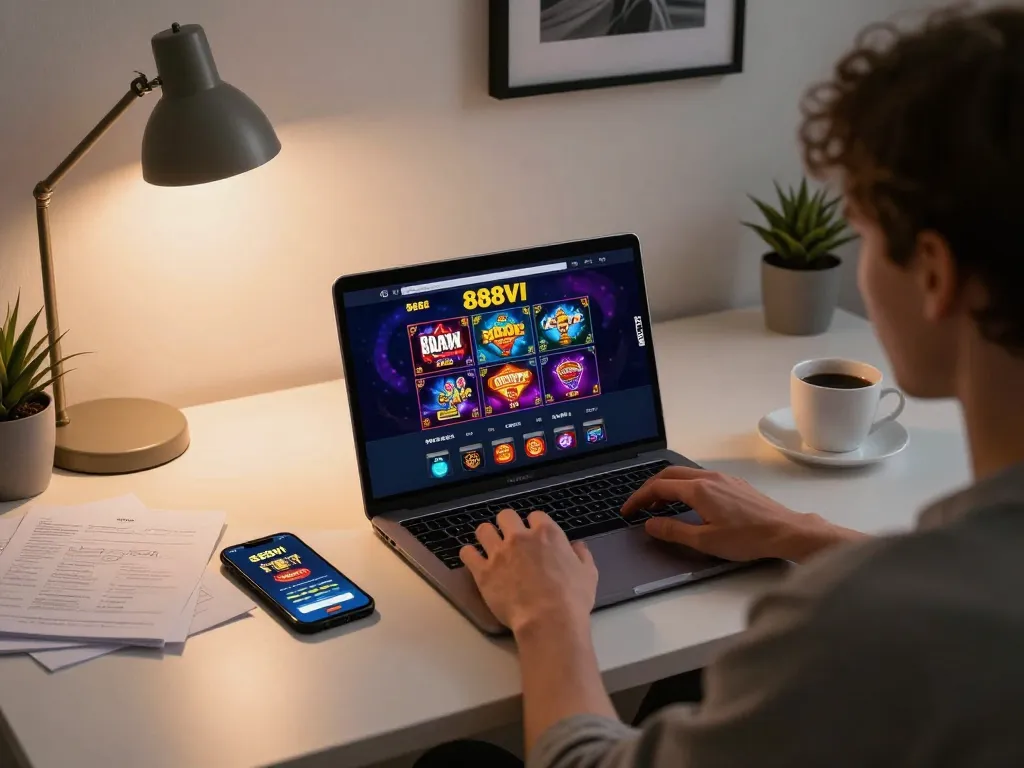 Engaging with the 888VI Homepage on a laptop during a cozy home gaming session, showcasing strategic online gameplay.