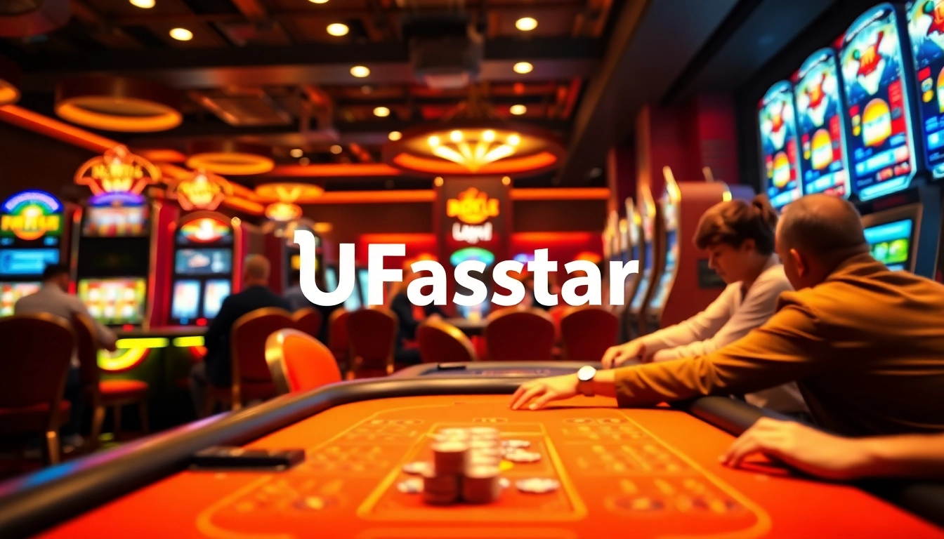 เกมคาสิโนที่น่าตื่นเต้นจาก ufastar825 กับโลโก้ที่โดดเด่นในบรรยากาศปาร์ตี้
