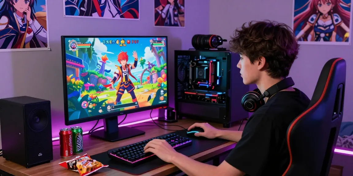 Gamer enjoying an ecchi game in a vibrant gaming setup with anime decor