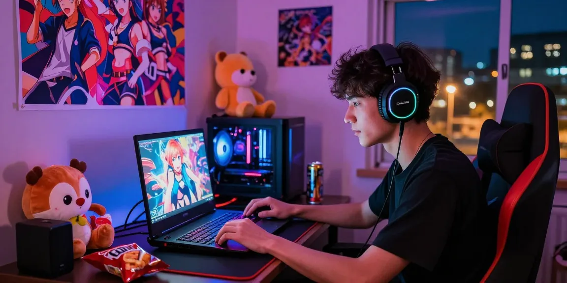 Player immersed in a colorful hentai game setup in their cozy gaming bedroom with anime decor and snacks.