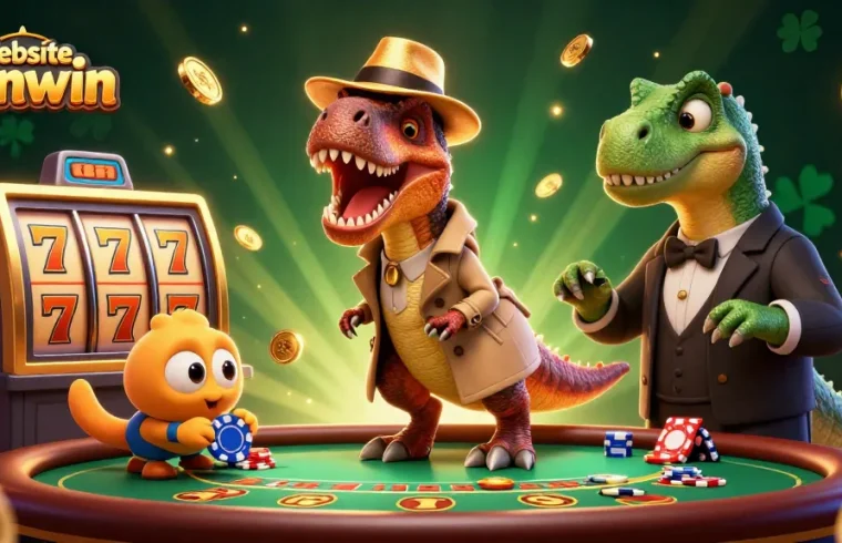 Experience thrilling gaming at Website Sunwin with animated dinosaurs in a vibrant online casino scene.