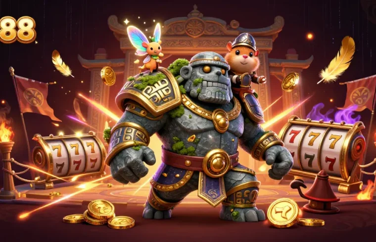LU88 showcases vibrant slot gaming excitement featuring a golem, fairy, and hamster knight.